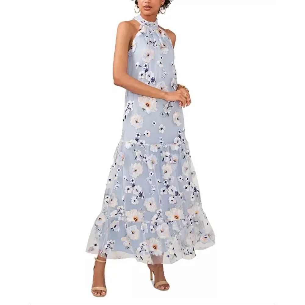 CeCe Elegant Avianna Floral Embroidered Maxi Dress Periwinkle 6